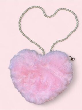 Pink Heart Faux Fur Crossbody Bag - Pearl Strap